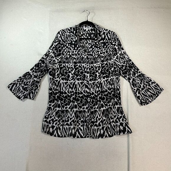 Fashion Bug Womens Top Size 3X Sheer Animal Print Button Front Bell Flare Sleeve - Picture 1 of 9